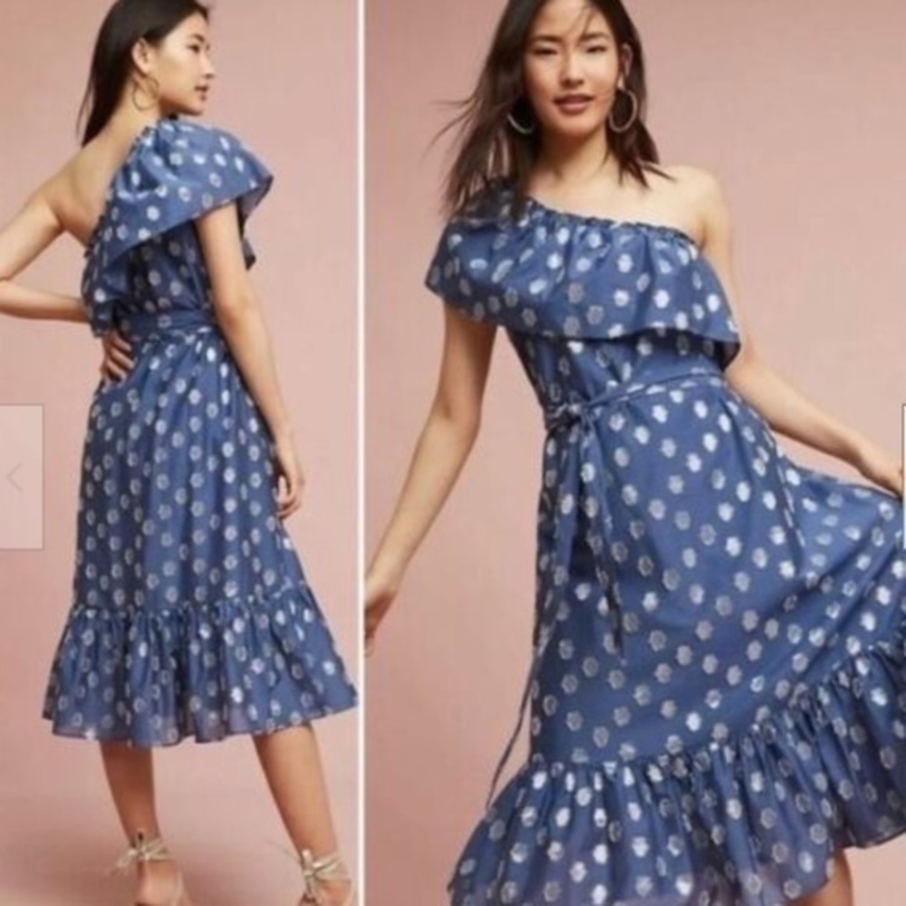 Shoshanna Anthropologie Mykonos One Shoulder Blue Silver Midi Dress 8
